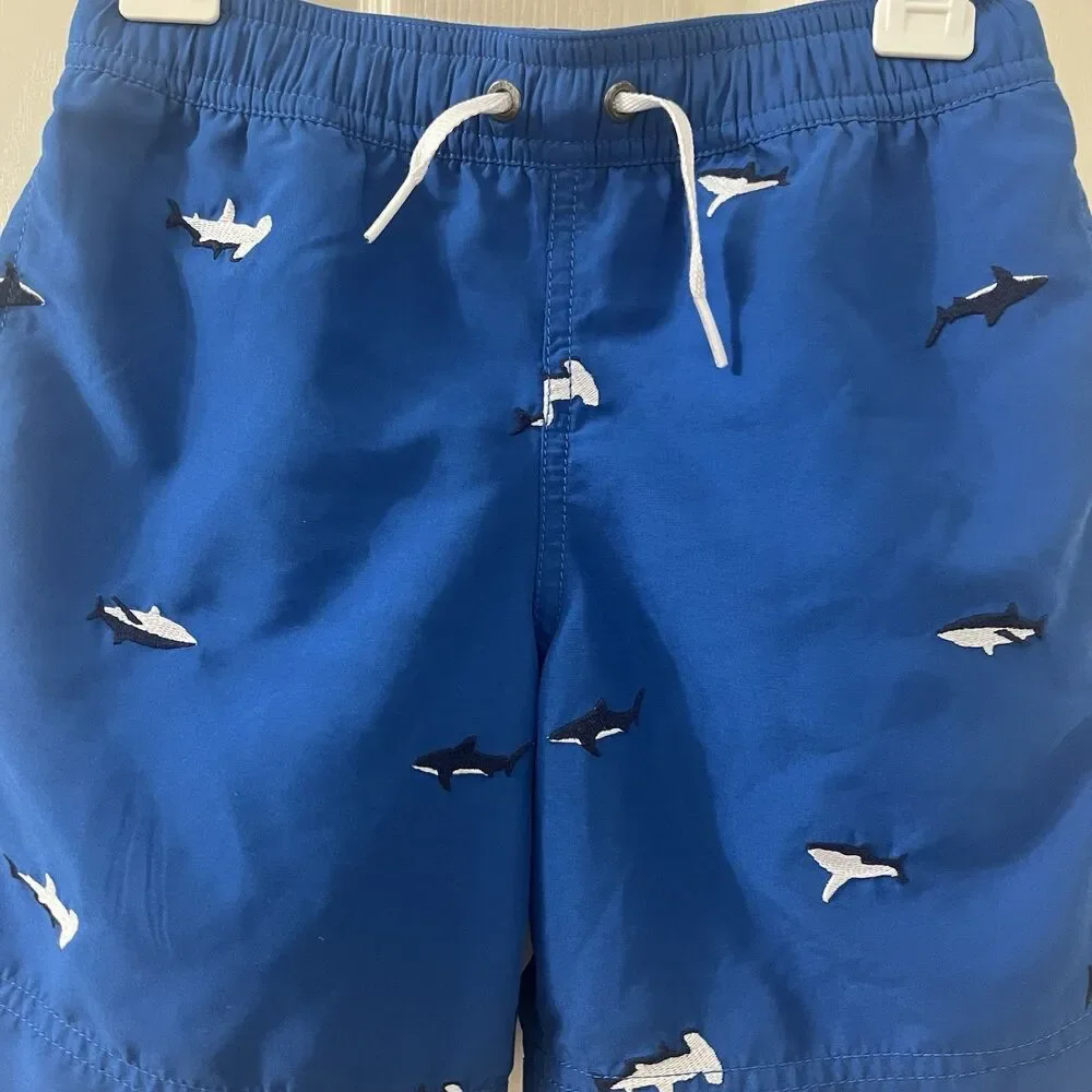 Hanna Andersson Blue Embroidered Sharks Swim Trunks Shorts Boys Size 120 US 6-7